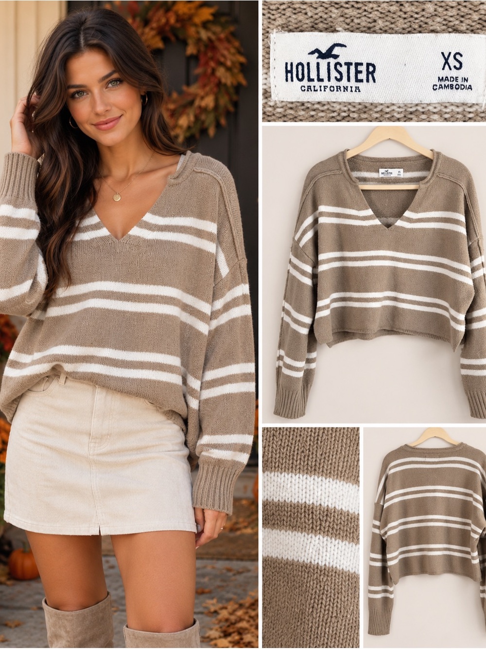 Hollister Taupe & Cream Striped V-Neck Cropped Sweater